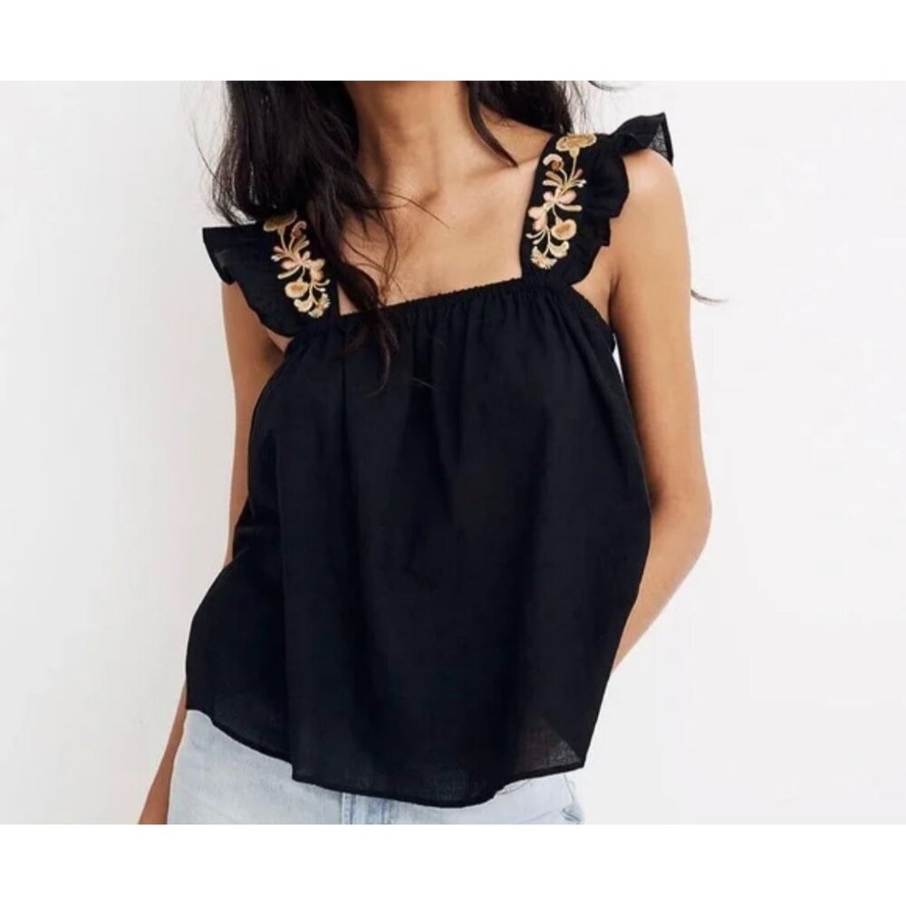 Madewell Swing Blouse Elasticized Square Neck Floral Embroidered Ruffle Straps 2